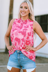 Pink Leopard Frilled Collar Printed Tank Top | Tops/Tank Tops