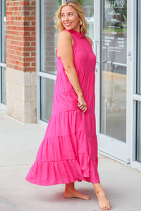 Maxi Dress | Rose Red High Frilled Neck Tiered Sleeveless