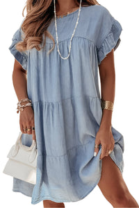 Denim Dress | Blue Ruffle Short Sleeve Tiered A-line Dress