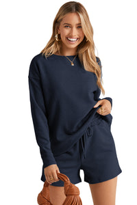 Drawstring Shorts Set | Navy Blue Textured Long Sleeve Top