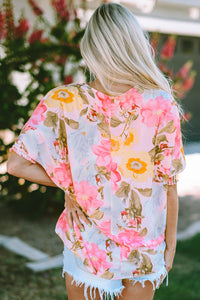 Womens Blouse | Pink Shirred Cuff 3/4 Sleeve Loose Fit Floral Blouse | Tops/Blouses & Shirts