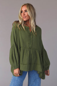 Green Henley Button Drop Shoulder Top