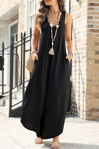 Womens Jumpsuit-Pocketed Scoop Neck Wide Leg Jumpsuit