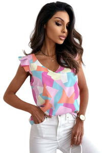 Womens Top | Multicolor Pastel Geometric Print V-Neck Pleated Cap Sleeve Top | Tops/Tops & Tees