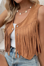 Load image into Gallery viewer, Camel Fringed Snap Button Front Suedette Vest | Outerwear/Jackets
