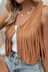 Camel Fringed Snap Button Front Suedette Vest | Outerwear/Jackets