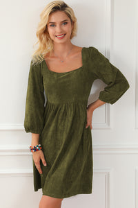 Jungle Green Suede Square Neck Puff Sleeve Dress