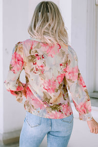 Pink All Floral Puff Sleeve Collared Shirt | Tops/Blouses & Shirts