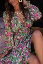 Load image into Gallery viewer, Green Floral Print Deep V Neck Ruched Cinched Waist Maxi Dress | Dresses/Floral Dresses
