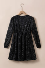 Load image into Gallery viewer, Black Mini Dress | Black Glitter V Neck Long Sleeve Dress
