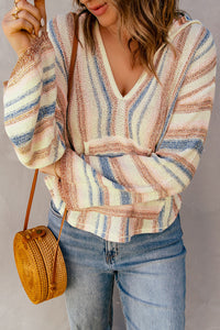 Multicolor Striped Knit Kangaroo Pocket Hooded Sweater | Tops/Sweaters & Cardigans