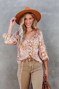 Drawstring Blouse | Brown 3/4 Sleeve Top