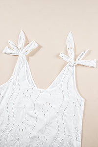 V Neck Tank Top | White Embroidery Patterned Knotted Straps