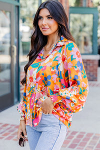 Carrot Floral Print Buttons Front Bubble Sleeve Shirt | Tops/Blouses & Shirts