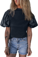 Load image into Gallery viewer, Puff Sleeve Top | Black Faux Leather Sleeve Mock Neck Top
