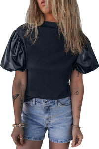 Puff Sleeve Top | Black Faux Leather Sleeve Mock Neck Top