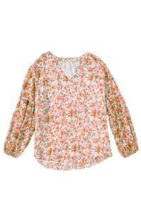 Orange Floral Print V Neck Long Puff Sleeve Top | Tops/Blouses & Shirts