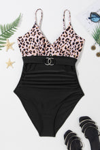 Load image into Gallery viewer, Black Animal Print Belted Ruched V Neck One-piece Swimsuit | Swimwear/One Piece Swimsuit
