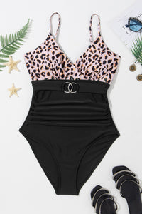 Black Animal Print Belted Ruched V Neck One-piece Swimsuit | Swimwear/One Piece Swimsuit