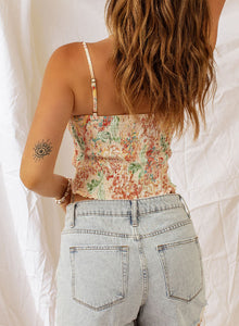 Tank Top | Apricot Floral Print Smocked Ruched