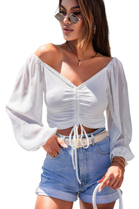 Womens Crop Top | White Drawstring Front Sheer Puff Sleeve Crop Top | Tops/Crop Tops