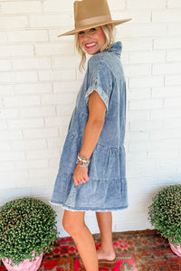 Sky Blue Acid Wash V Neck Tiered Denim Dress | Dresses/Mini Dresses