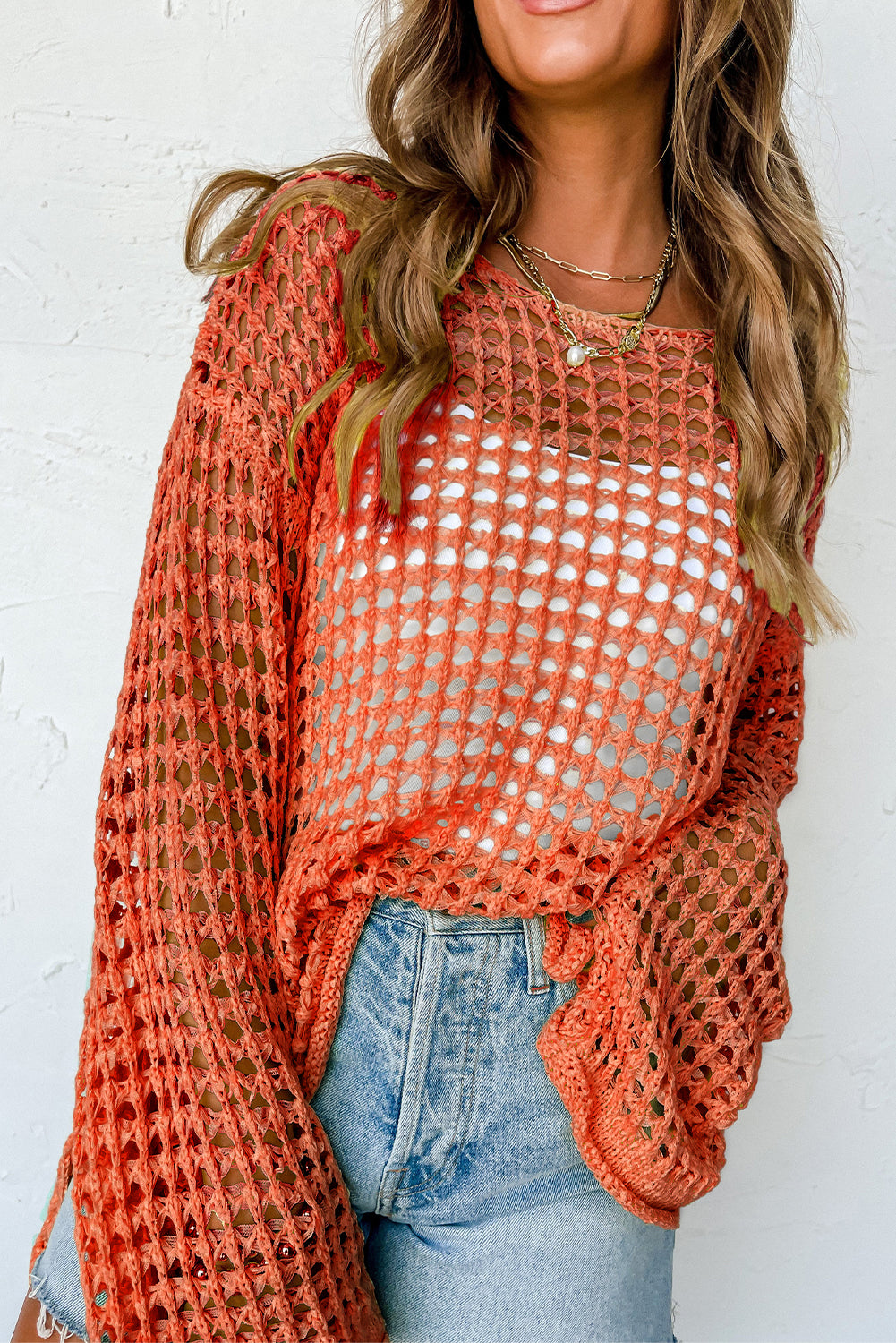 Orange Open Knit Crochet Bell Sleeve Tunic Sweater | Tops/Sweaters & Cardigans