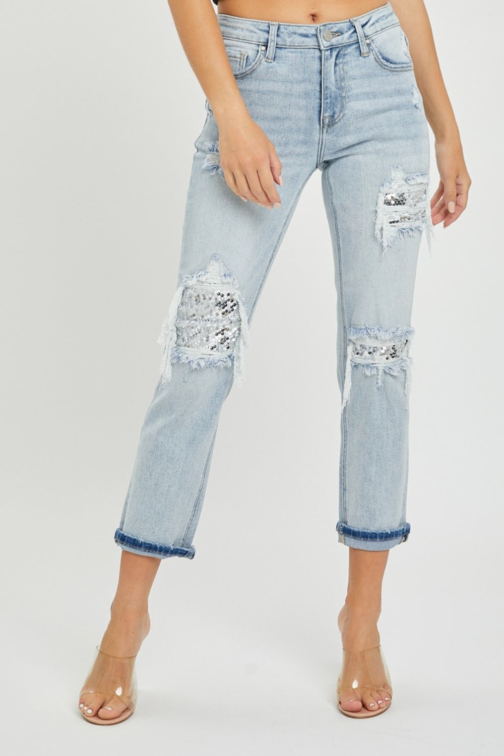 RISEN Mid-Rise Sequin Patched Jeans | Blue Jeans