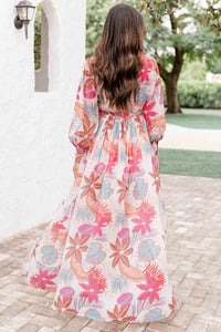 Maxi Dress | Tropical Plant Print Long Sleeve Wrap Dress