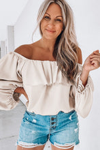 Load image into Gallery viewer, Oatmeal Ruffle Overlay Puff Sleeve Blouse | Tops/Blouses &amp; Shirts
