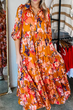 Load image into Gallery viewer, Orange Abstract Print Pleated Half Sleeve Buttoned Maxi Dress | Dresses/Maxi Dresses
