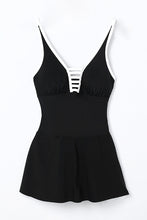 Load image into Gallery viewer, Black Strappy V Neck Side Split One-piece Swimdress | Swimwear/Swim Dresses
