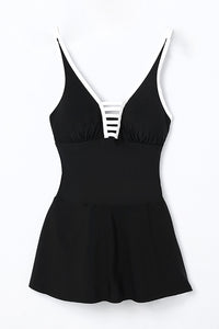 Black Strappy V Neck Side Split One-piece Swimdress | Swimwear/Swim Dresses