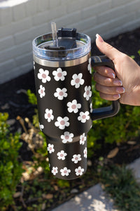 Black Floret Print Stainless Tumbler With Lid And Straw 40oz | Accessories/Tumblers