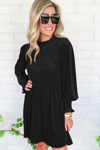 Black Velvet Mini Dress | Frilled Neck Smocked Bodice Dress