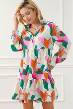 Load image into Gallery viewer, Multicolour Geometric Print Stand Neck Balloon Sleeve Ruffled Dress
