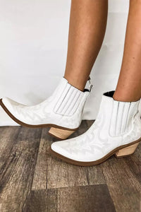 White Embroidered Leather Thick Heel Booties | Shoes & Bags/Boots