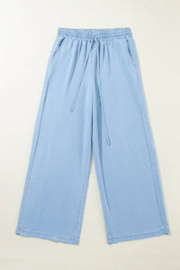 Drawstring Wide Leg Blue Jeans with Pockets