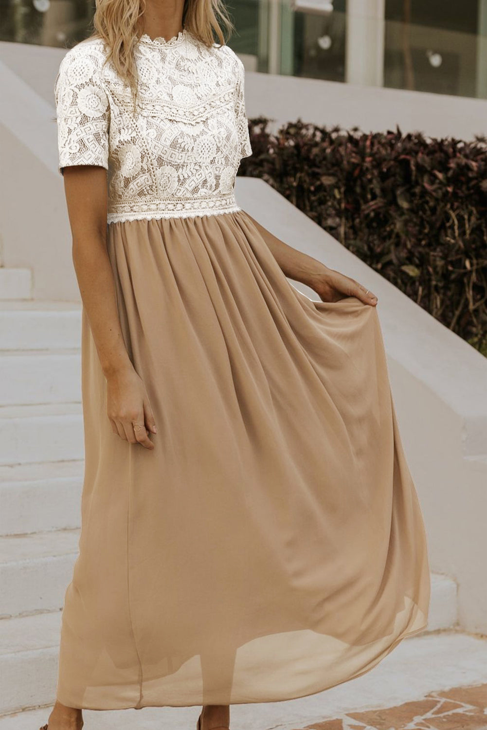 Chiffon Long Dress | Clay Lace Short Sleeve Bodice Dress