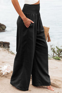 Black Shirred High Waist Plus Size Wide Leg Pants | Plus Size/Plus Size Bottoms