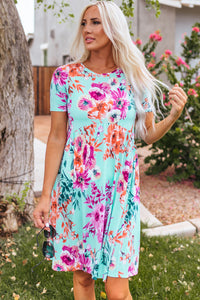 Sky Blue Short Sleeve High Waist Floral T-shirt Dress | Dresses/T Shirt Dresses