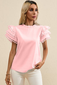 Ruffled Sleeve Top | Eyelet Round Neck Cap Sleeve Blouse