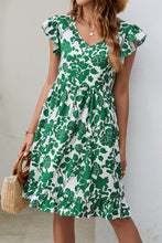 Load image into Gallery viewer, Dark Green Leaf Print V Neck Flutter Sleeve Dress | Dresses/Mini Dresses
