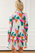 Load image into Gallery viewer, Multicolour Geometric Print Stand Neck Balloon Sleeve Ruffled Dress
