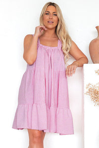 Mini Flared Dress | Pink Stripe Pinstriped Ruffled Hem Dress