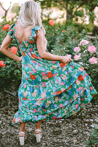 Green Floral Print Sleeveless Ruffle Tiered Maxi Dress | Dresses/Floral Dresses