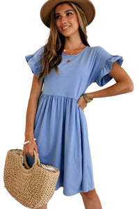 Sky Blue Round Neck Ruffle Sleeve Loose Dress | Dresses/Mini Dresses