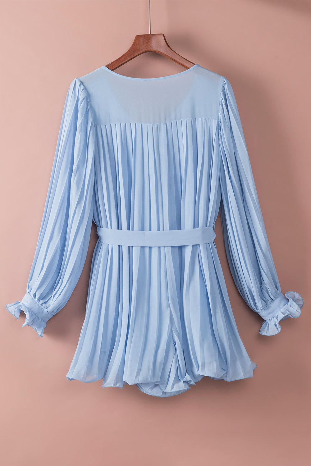 Womens Romper | Sky Blue Pleated Ruffled Tie Waist Buttons V Neck Romper | Bottoms/Jumpsuits & Rompers