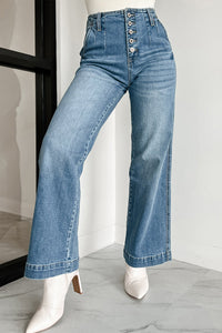 Dusk Blue Multi Buttons Medium Wash Straight Loose Leg Jeans | Bottoms/Jeans