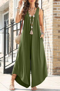 Womens Jumpsuit-Pocketed Scoop Neck Wide Leg Jumpsuit